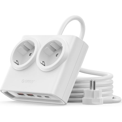 Multiprise Rallonge, 2 Prises avec 4 USB (2 USB-C) Fiche Ultra-Mince, Câble 1.6m, 2500W Max pour Maison/Bureau, Blanc (1/5)
