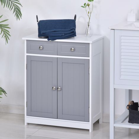 Mobiletto da bagno autoportante con 2 ante e 2 cassetti, 60 x 30 x 75 cm, grigio e bianco