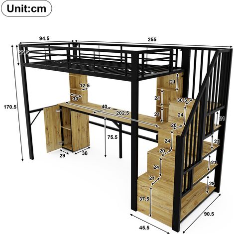 Lit mezzanine - 90x200 cm - bureau intégré - escalier avec rangement - garde-corps - matelas non inclus - métal et mdf - noir (1/3)