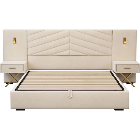 Cadre de lit relevable avec rangement / 266205117 cm (L/B/H) / cadre de lit en velours / capitonnage à nervures verticales / avec deux tables de chevet / deux lampes LED au pied du lit / facile à asse