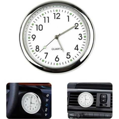 Horloge de voiture ronde blanche, autocollant lumineux pour tableau de bord, horloge à quartz compatible avec toutes les voitures (avec clip pour grille d'aération) (1/4)