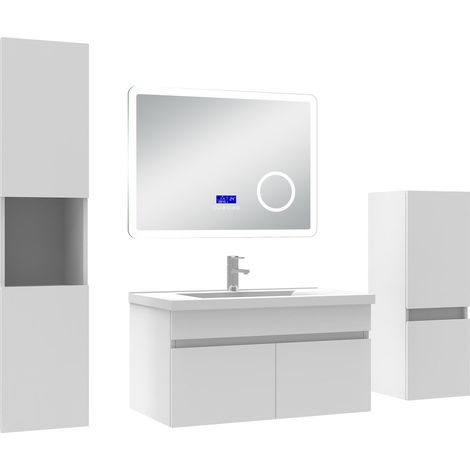 Ocean Ensemble meuble salle de bain 80 cm blanc, lavabo céramique + 2 colonnes + Miroir Bluetooth avec 3 couleurs dimmable, suspendu