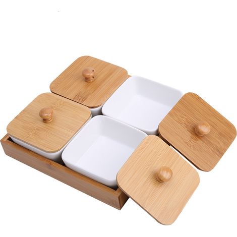 Assiette en céramique pour apéritifs avec couvercle en bambou, plateau compartimenté pour fruits, noix et desserts (4 compartiments) (1/4)