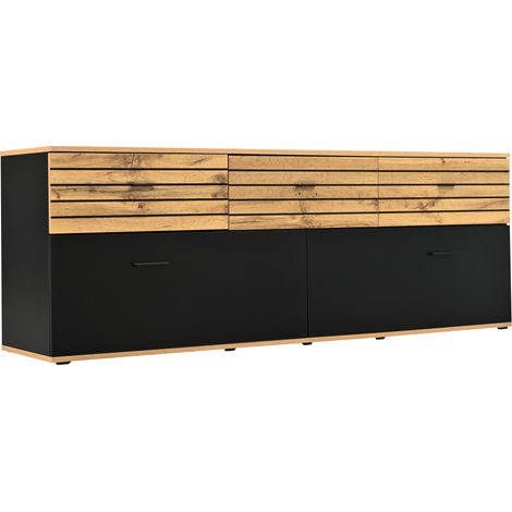 TV-Möbel 168 cm mit 2 Türen und 3 Schubladen, für TVs bis 65 Zoll, Naturholz und Schwarz (1/5)