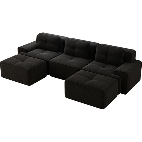 Sofá modular en U de pana negra con otomana, 293 x 177 x 69 cm, sin montaje (1/5)