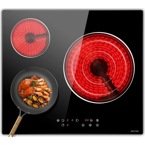 NOXTON Plaque de cuisson en céramique intégrée 3 feux, Table de cuisson électrique en verre cristal noir avec commande tactile, Minuterie, verrouillage pour enfants, 5700w, pas de prise incluse (1/5)