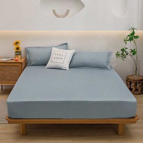 Drap de lit tout compris en coton lavé de couleur unie, protège-matelas antidérapant, housse anti-poussière, couvre-lit simple, taie d'oreiller (1/3)