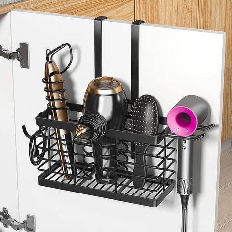 Aufbewahrungsbox für Haaraccessoires, 3-in-1 Universal-Haartrocknerhalter, höhenverstellbarer Haartrocknerständer aus Metall (Wand-/Schranktür-/freistehend) (schwarz)