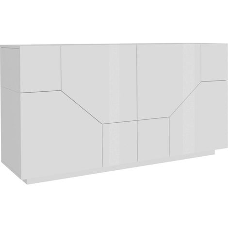 Dmora Credenza moderna a 4 ante geometriche, Made in Italy, Madia da ingresso, Buffet di design da soggiorno, Cm 200x43h86, Bianco lucido, con imballo rinforzato (1/5)