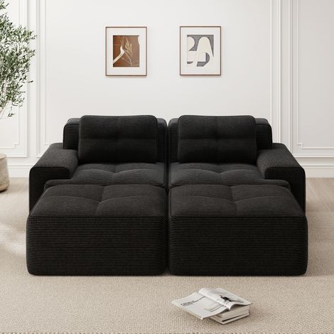 Canapé modular de pana negra con asiento profundo de 74 cm, sin estructura rígida y sin montaje