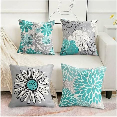 Set di 4 fodere per cuscini da esterno, impermeabili, in lino con motivo girasoli, ideali per patio, giardino, soggiorno e camera da letto (45 x 45 cm, blu). (1/4)