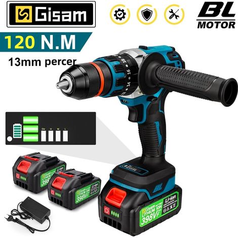 Gisam – Perceuse à percussion sans fil 21V – Moteur Brushless – Couple 120Nm – 2 vitesses 0-1250 tr/min – Mandrin 13 mm (1/5)