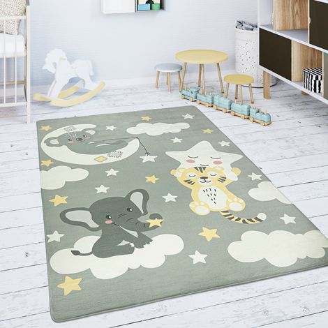 Paco Home Kinderteppich Teppich Kinderzimmer Spielmatte Rutschfest Stern Wolke Mond Grau Weiß 80x150 cm (1/5)
