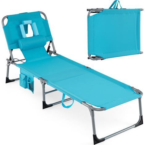 Bain de Soleil Inclinable à 5 Angles avec Trous pour Visage & Bras, Pochette et Appuie-Tête, Transat en Métal & Tissu Oxford, Charge 150KG, Turquois (1/5)