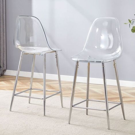 Tabouret de bar - WESTYLE - Lot de 2 - Coque acrylique - Piètement métal finition noir/doré - Repose-pieds intégré (1/5)