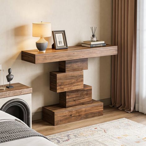 Console table 108x30x80 cm brun foncé, base géométrique, panneaux de particules E1, MEUBLIV (1/5)