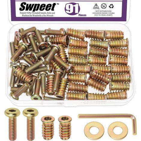 30-teiliges Set mit verzinkten Gewindeeinsätzen und Unterlegscheiben (1/4-20), 1/4-20 x 20 mm Flachkopf-Sechskantschrauben für Holzbearbeitung, Innensechskantschlüssel, insgesamt 91 Teile (1/5)