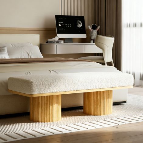Modernes Samt-Pouf mit Plüsch-Effekt, Höhe 122 cm, massiver Holzsockel, cremefarben – ideal für Schlafzimmer und Eingangsbereich