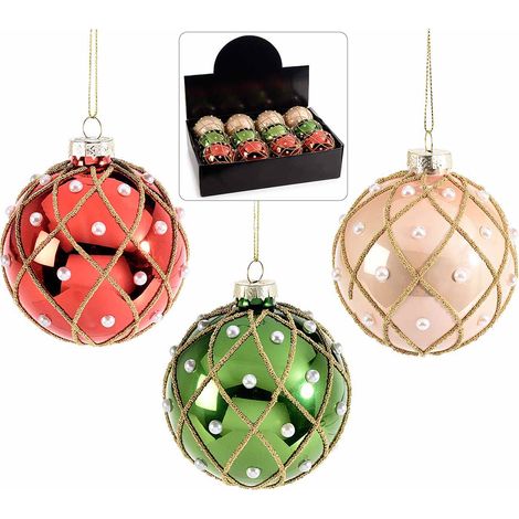 Palline natalizie in vetro colorato con perle e decori dorati in espositore da 12 pezzi, set da 12 pezzi, Ø 8 cm