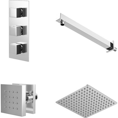 Cubix Polished Chrome Concealed Triple Thermostatic Valve Mixer Shower with Square Fixed Head and Body Jets - 2 Outlet (1/5)