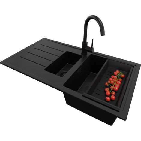 PRIMAGRAN Evier Cuisine en Granit 90x50cm,Lavabo 1,5 bacs + Robinet 32x20cm + Kit de Vidage, Évier à Encastrer au Meuble 60cm - Copenhague Duo, Tout Noir