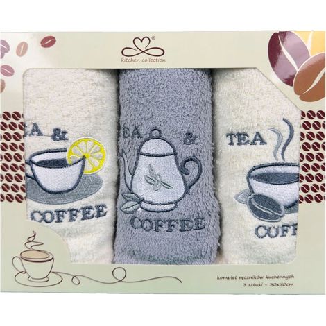 Juego de paños de cocina "Kuchcik" con estampado de café y té, 30x50 cm, gris j, crudo