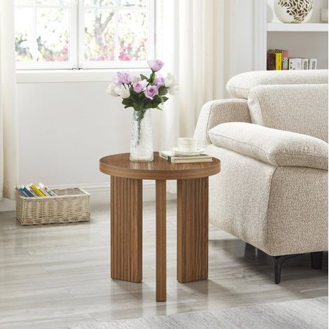 Mesa auxiliar redonda moderna, estructura estable de tres patas, ahorro de espacio, MDF acabado madera nogal - marrón (1/5)