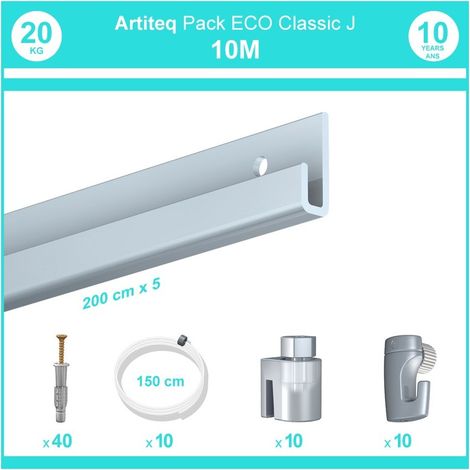 Pack complet 10 mètres cimaise Classic J couleur Aluminium - Suspension et déplacement facile de cadres et tableaux (1/5)