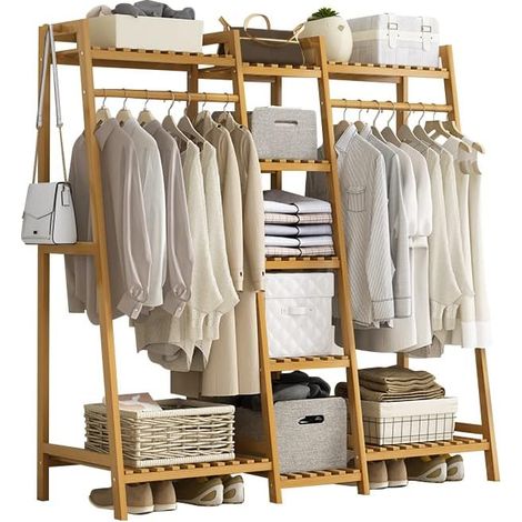 Portant à Vêtements, Porte-vêtements Bambou avec Étagères à Chaussures, Porte-Manteau, Tringle Meuble, Charge Lourde pour Rangement Vêtement Chaussures Plante