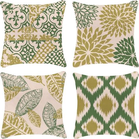 Lot de 4 housses de coussin décoratives 40x40 cm housse de coussin lin vert motif géométrique housse de coussin, housse de coussin décorative pour la maison-Fei Yu (1/5)