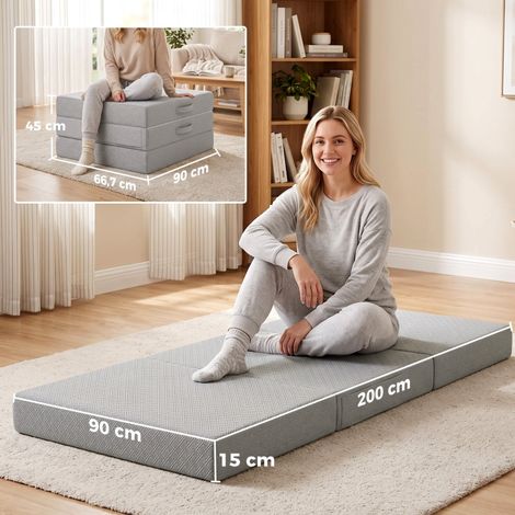 Matelas pliable 200x90cm épaisseur 15cm, matelas de sol nomade avec taie amovible lavable, certifié Oeko-Tex, couchage d'appoint compact pour invités (1/5)