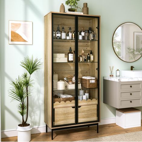 MEUBLIV Vitrine haute 75 x 35 x 170,8 cm noir et décor bois avec portes vitrées et tiroir (1/5)