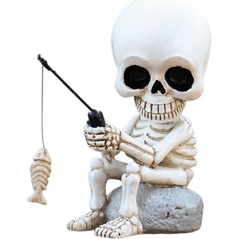 Statue de squelette de pêcheur pour décorations d'Halloween, figurine en résine Spookys pour la décoration de bassin de jardin ou de maison (1/4)