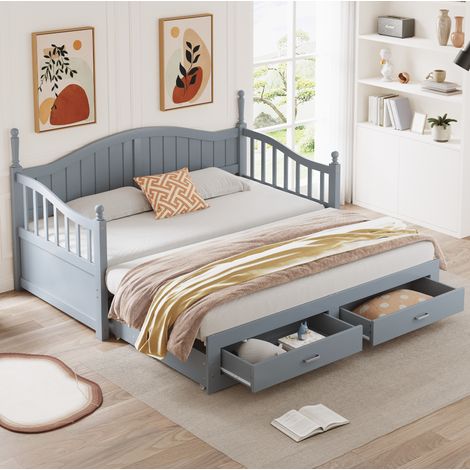 Sofá cama extensible 90x190 a 180x190, 2 cajones, gris, madera, sin colchón FloraGrace (1/5)
