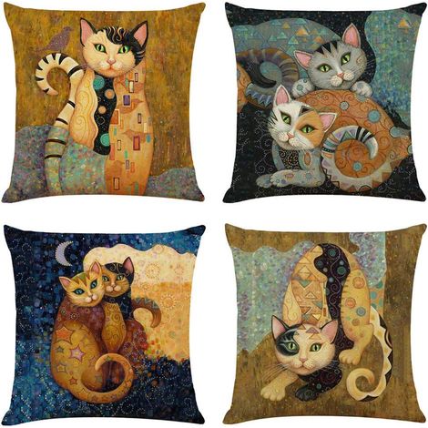 Lot de 4 taies d'oreiller en lin abstraites chat 45x45cm, cadeaux pour amoureux des chats, housse de coussin déco chambre, oreiller humoristique félin, accessoire canapé lit, décoration murale thème c (1/5)