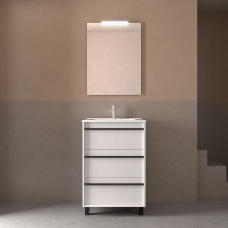Badezimmermöbel ATTILA 600 3 Schubladen WHITE SATIN + Waschtisch + Spiegel