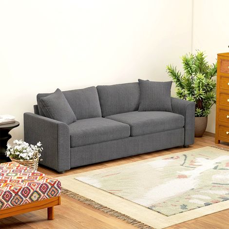 Modern 3 Seater Sofa with Spring Cushion, 212 cm Fabric Jumbo Cord Sofa Couch with 2 Scatter Cushions, Upholstered Corduroy Settee for Living Room, Bedroom, Home Office, Grey