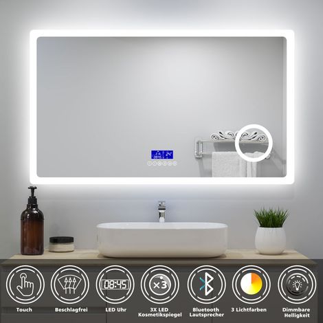 LED Badspiegel 160x80cm mit Uhr Bluetooth 3-fache Vergrößerung Beschlagfrei Badezimmer Spiegel CE IP44 3 Lichtfarbe Dimmbar