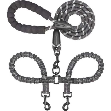 Laisse double pour chien – Pivotante à 360°, anti-emmêlement, avec élastique absorbant les chocs pour deux chiens (grande, 25 à 150 lb, noire) (1/4)