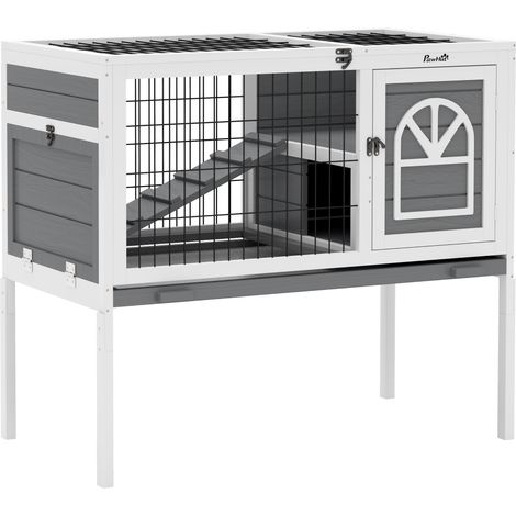 PawHut Wooden Rabbit Hutch, Guinea Pig Cage, with Removable Tray, Openable Roof, Grey (1/5)