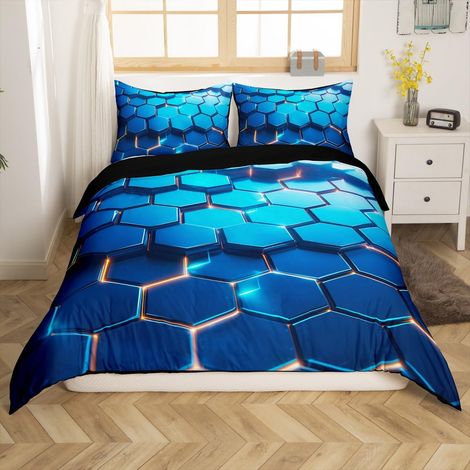 Parure de lit avec housse de couette 155 x 220 cm, bleu, motif géométrique 3D, impression réaliste, motif géométrique hexagonal, art moderne (1/5)