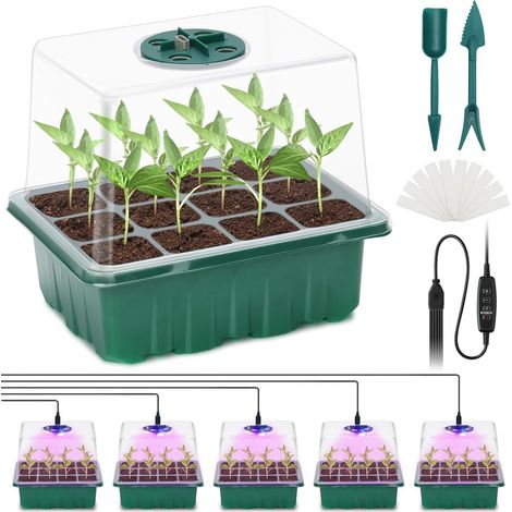 Full Spectrum Light Seedling Boxes for Greenhouse Garden Home Seedling 5 Pcs Greenhouse for Seedlings, Indoor Tray with Raised Lids/Vents, Grow Box for Indoor Use (1/5)