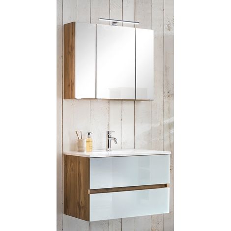 Waschplatz Set 80 cm HEERLEN-03 in Wotaneiche Nb. mit Glasfronten in weiß inkl. LED Beleuchtung, B/H/T: ca. 80/200/47 cm (1/5)