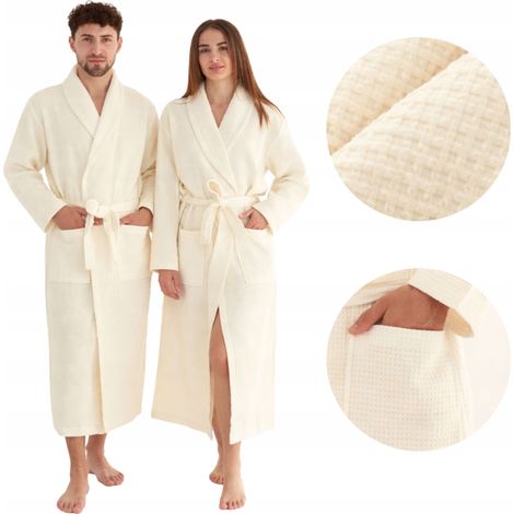 Langer Unisex-Bademantel, schmale Taschen, 100 % Baumwolle, schnelltrocknend, gelb, Größe M (1/5)