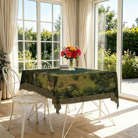 Nappe rectangulaire imprimée paysage de jungle tropicale et de lac (1 pièce), nappe de table lavable sur le thème de la mi-été, idéale pour la décoration estivale de votre maison. (1/4)