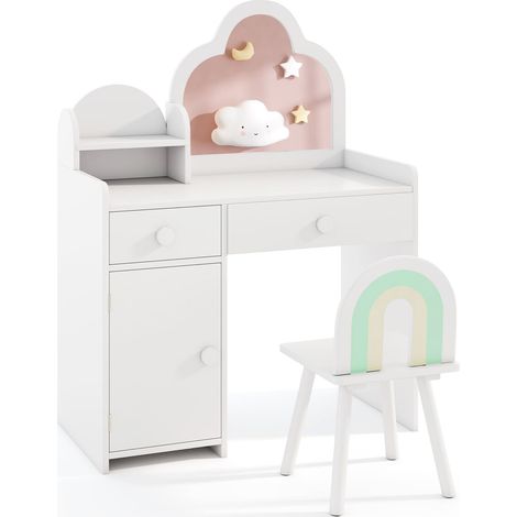 COSTWAY Kids Vanity Table and Chair Set Girls Vanity Set w/ Cloud-shaped Mirror White