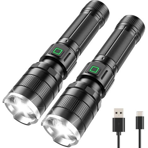 LED Taschenlampe, wiederaufladbar, 2 Stück, 10.000 Lumen, extrem hell, mit 3 Modi, IP65 wasserdicht, zoombar, für Camping, Wandern, Outdoor Aktiv (1/5)