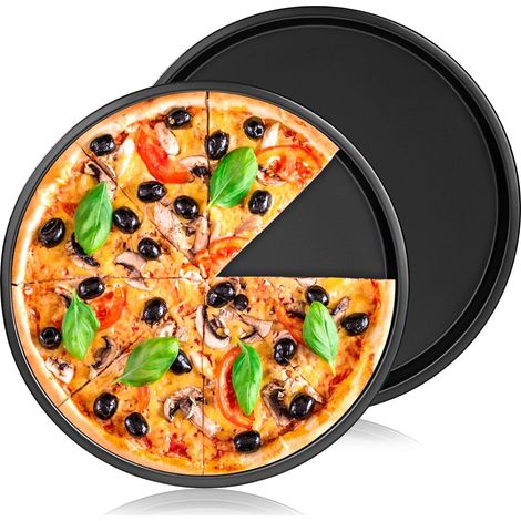 2PCS Moule à Pizza Rond de 22cm, Acier au Carbone avec Revêtement Anti-adhésif Plaques de Cuisson pour Pizza Plat à Tarte Moule à Quiche (1/5)