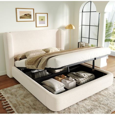 Bett modern aus Bouclé Beige 180x200 cm mit gepolstertem Kopfteil, Lattenrost und hydraulischem Stauraum (1/5)