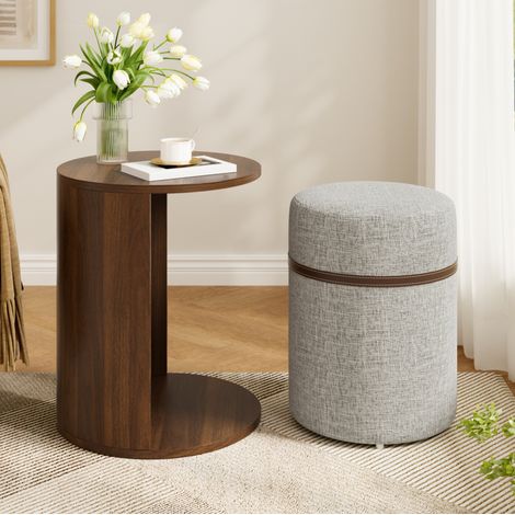 Table d'appoint ronde avec tabouret 38x47,5 cm en MDF brun, gain de place pour salon FloraGrace (1/5)